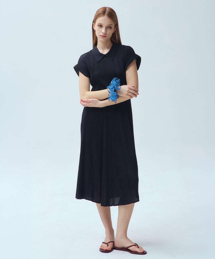 Waiowai Mini Collar Short Sleeve Pleated Long Dress_2 Colors