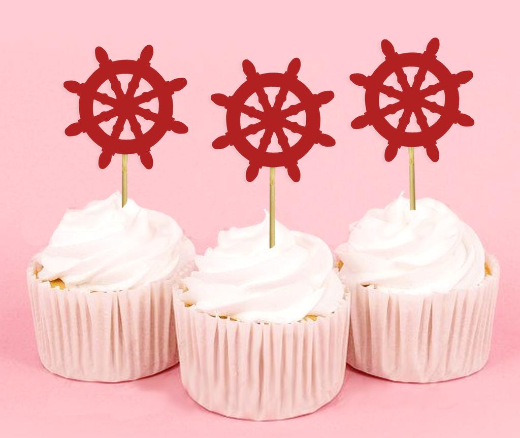 Darling Souvenir| Ship Wheel Cupcake Toppers| Beach Wedding Party Dessert Decorations - Pack Of
