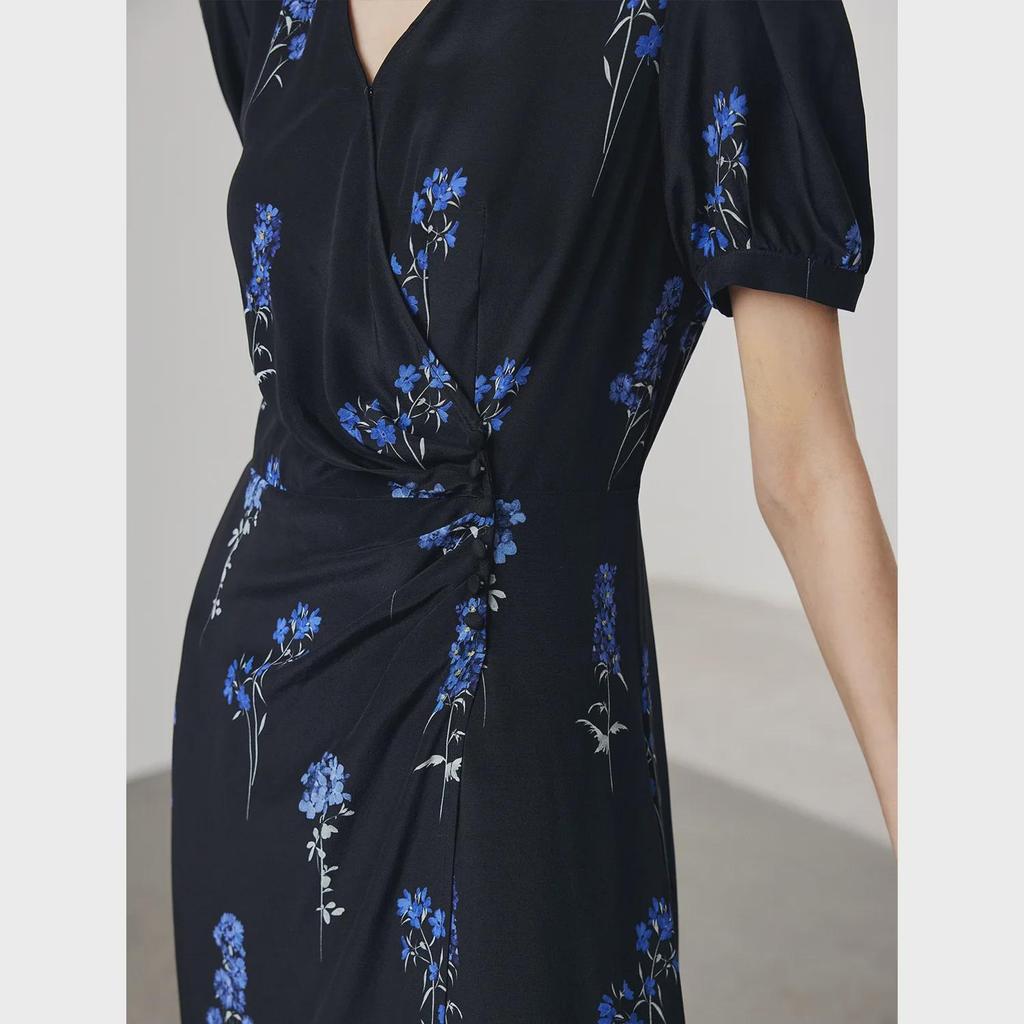 Damen V-Ausschnitt Seidenkleid - Frühjahr/Sommer Kollektion 2025, Kurzärmelig, Gefütterter Doppel-Crepe, 100% Maulbeerseide.