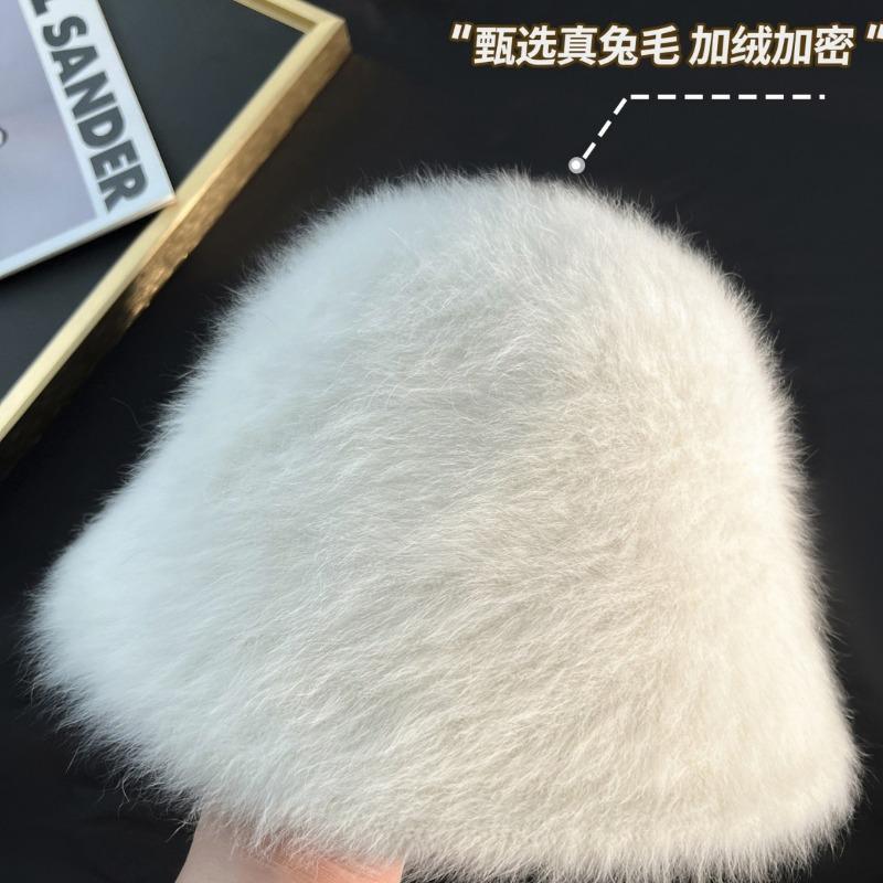 Rabbit Fur Hat Female Winter Big Head Circumference Bucket Hat Showing Face Small Plush Hat Warm Fluffy Bucket Hat