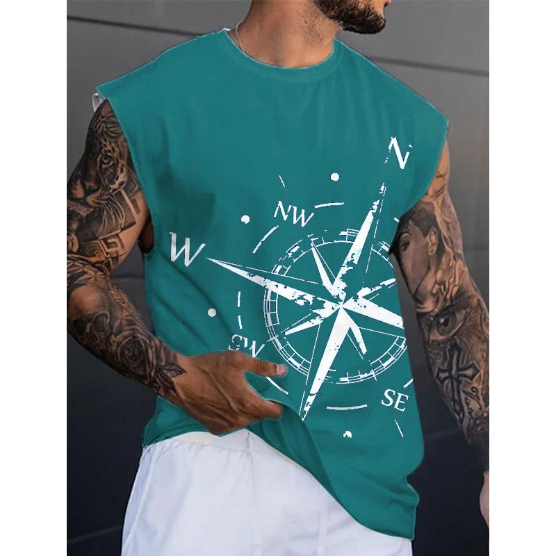 Pure Cotton Men's Summer Casual Loose California Pattern Printed Fitness Breathable Round Neck Sleeveless vest-H13