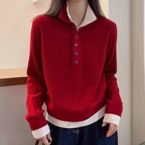 High Quality Knitted Shirt Women Casual Warm Color Blocking Fashion Autumn Winter Tops