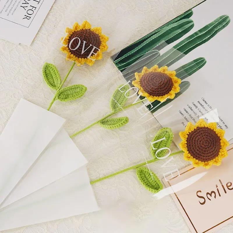 3Pcs Sunflower Hand Woven Bouquet Creative Wool Knitting Flower Sunflower Decorations Teachers Day Mother S Day Birthday Gift