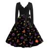 Women Casual V Neck Long Sleeve Dress Halloween Printed Skirt Vintage Style Midi Dress with Belt Fit and Flare Design