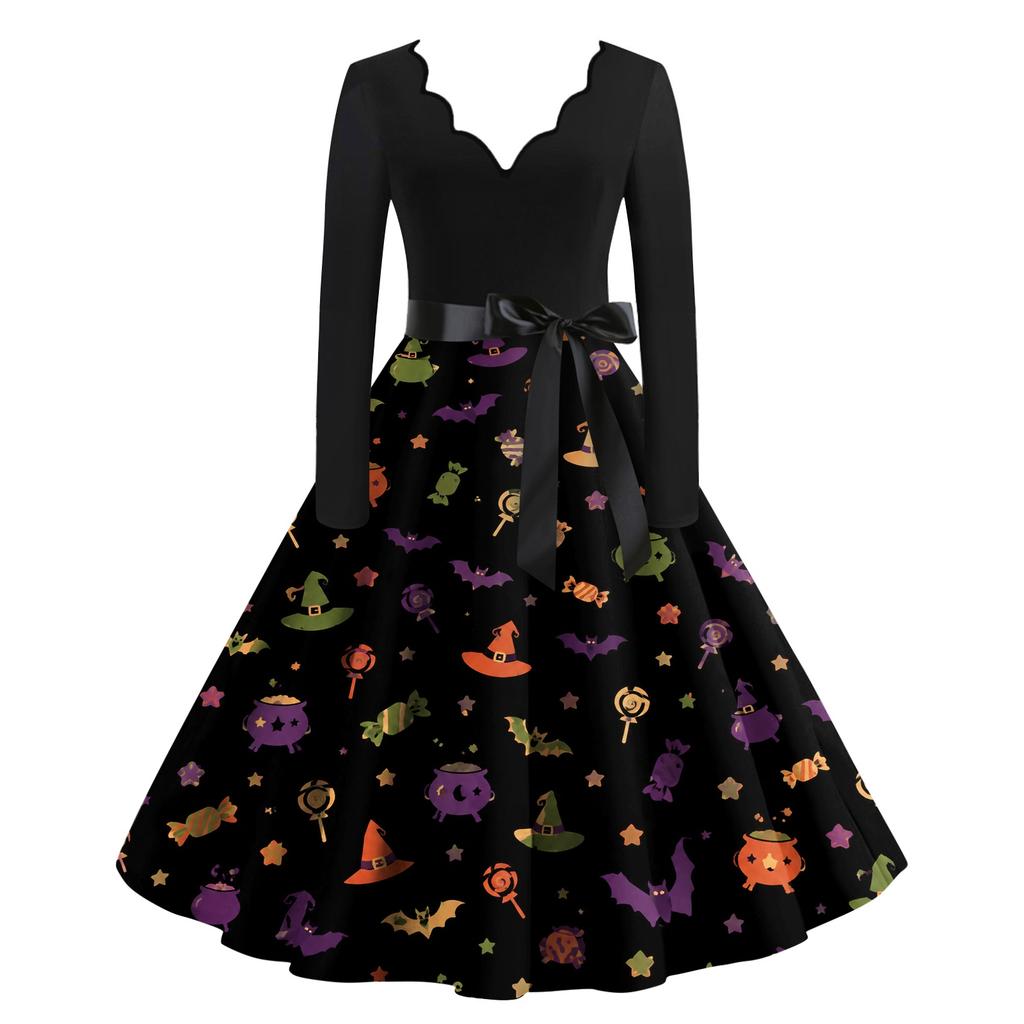 Women Casual V Neck Long Sleeve Dress Halloween Printed Skirt Vintage Style Midi Dress with Belt Fit and Flare Design