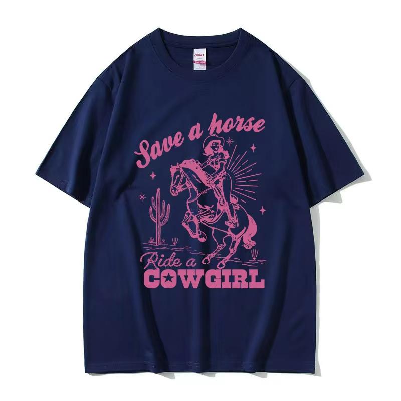 2025 Summe Save A Horse Ride A Cowboy Druck Freizeit Herren Damen Harajuku F100 Reine Baumwolle Bedrucktes Atmungsaktives T-Shirt Y2k