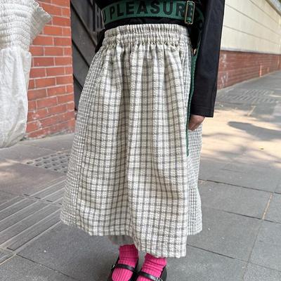 Mädchen Karierter Patchwork Midi Rock - 2025 Herbst Koreanischer & Japanischer Stil Langer Rock, Lagenlook