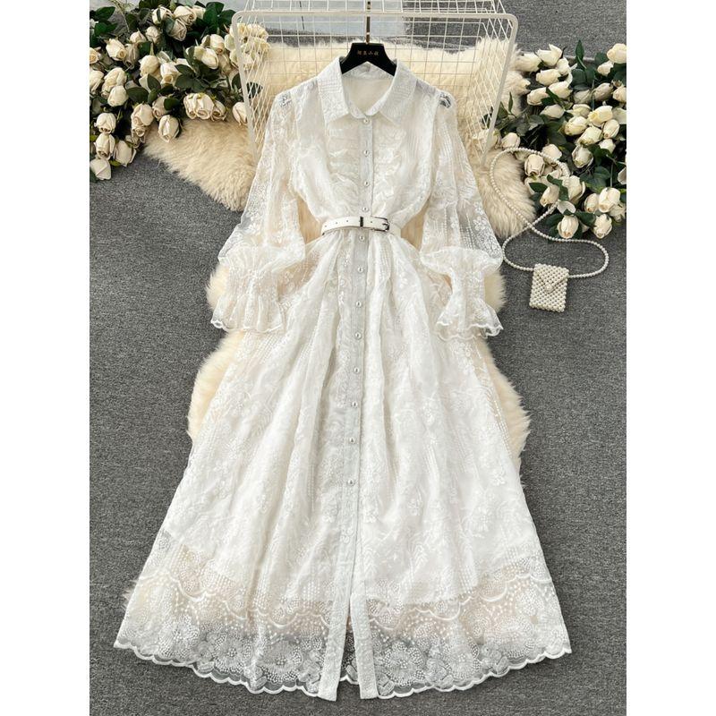 Retro Machine Embroidery Silm Long Lace Dress