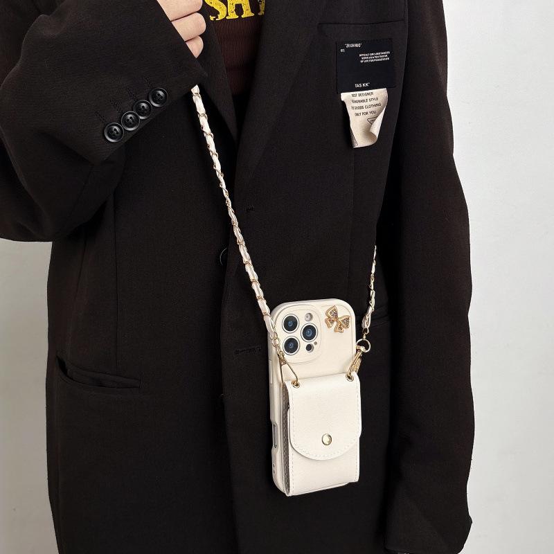 Leather Textured Crossbody Chain Card Holder for iPhone 17/16 Pro Max/15/14 Protective Case