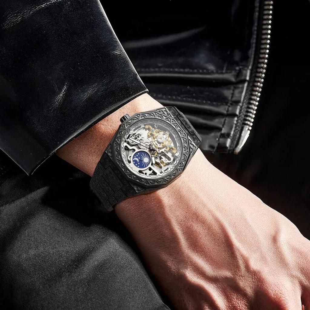 FORSINING Mens Luxury Engraving Wrist Watches Unique Tattoo Pattern Carved Stainless Steel Band Luminous Automatic Skeleton Watch