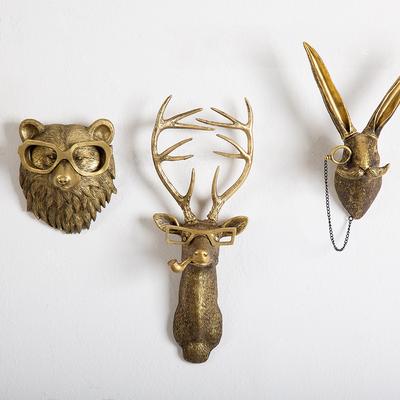 Antique Bronze Resin Animal Pendant Deer Head Wall Storage Hook Up Background Wall Hang Decor Living Room Decorative Figurines