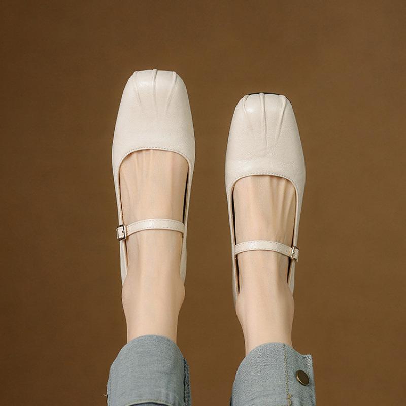 New Four-season Leather Shoes Casual Solid Color Buckle Women's Low-top Shoes Single Shoes Low-heeled Flat Shoes Square Head Square Heel