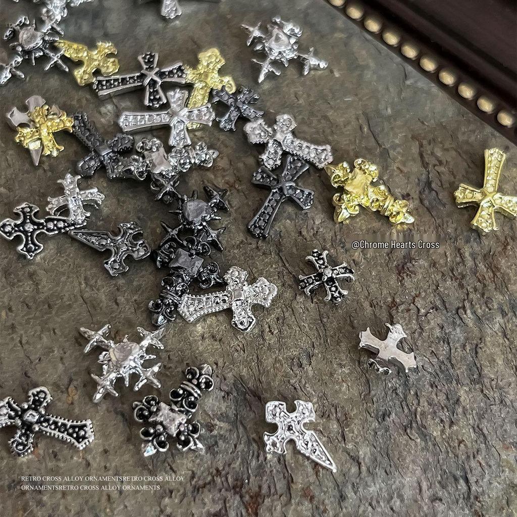 Retro Cross Heart Grid Nail Art Accessories - Gold & Silver Decorations Box