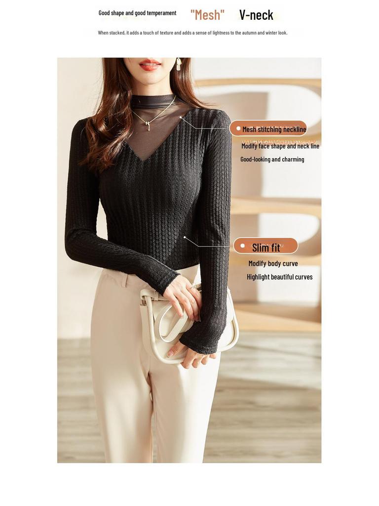 2023 Women's Autumn Long-Sleeve Lace Mesh Top with Half-High Collar