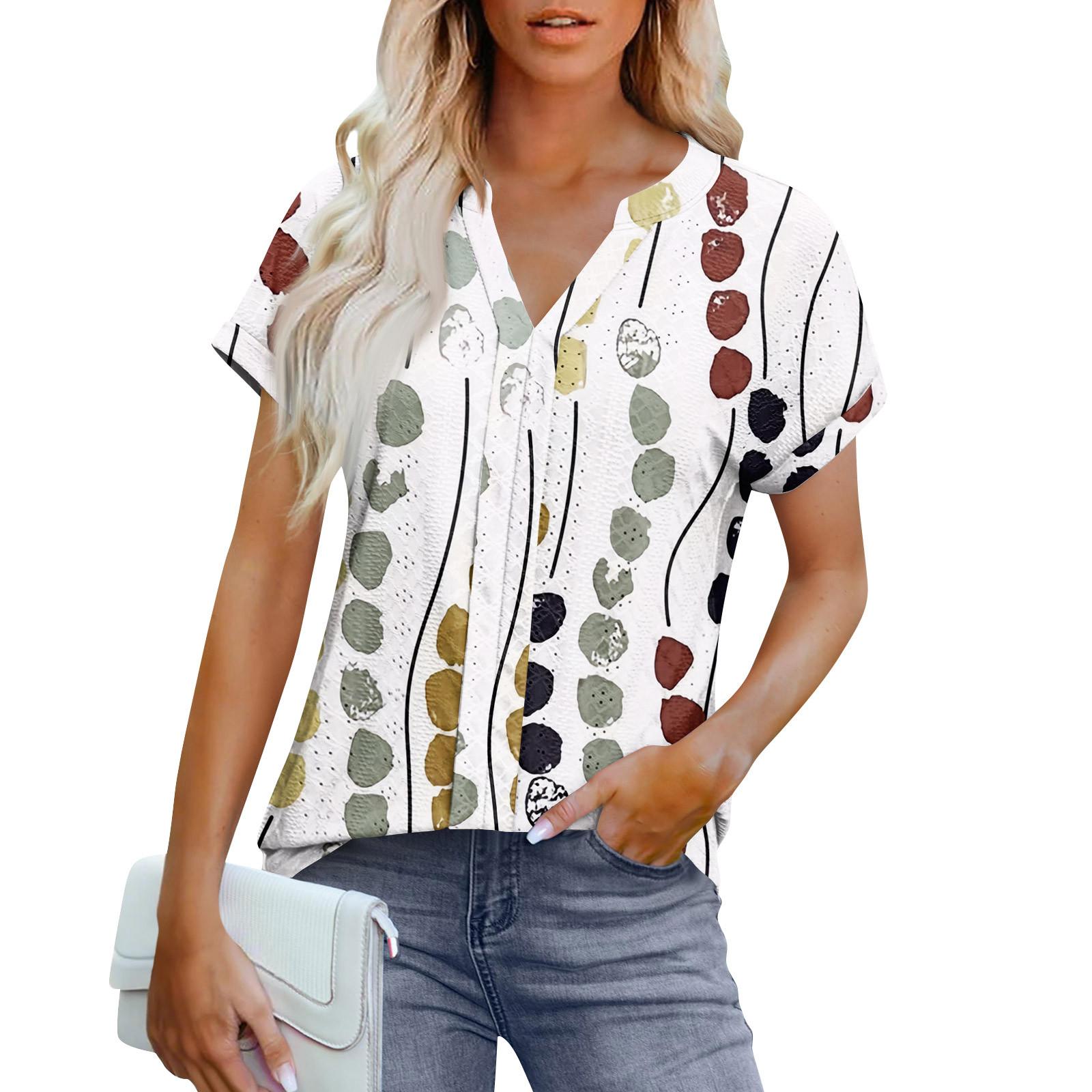 

Женские топы с коротким рукавом V-образным вырезом, блузка, нарядная повседневная одежда с принтом и вышивкой, летняя модная одежда S