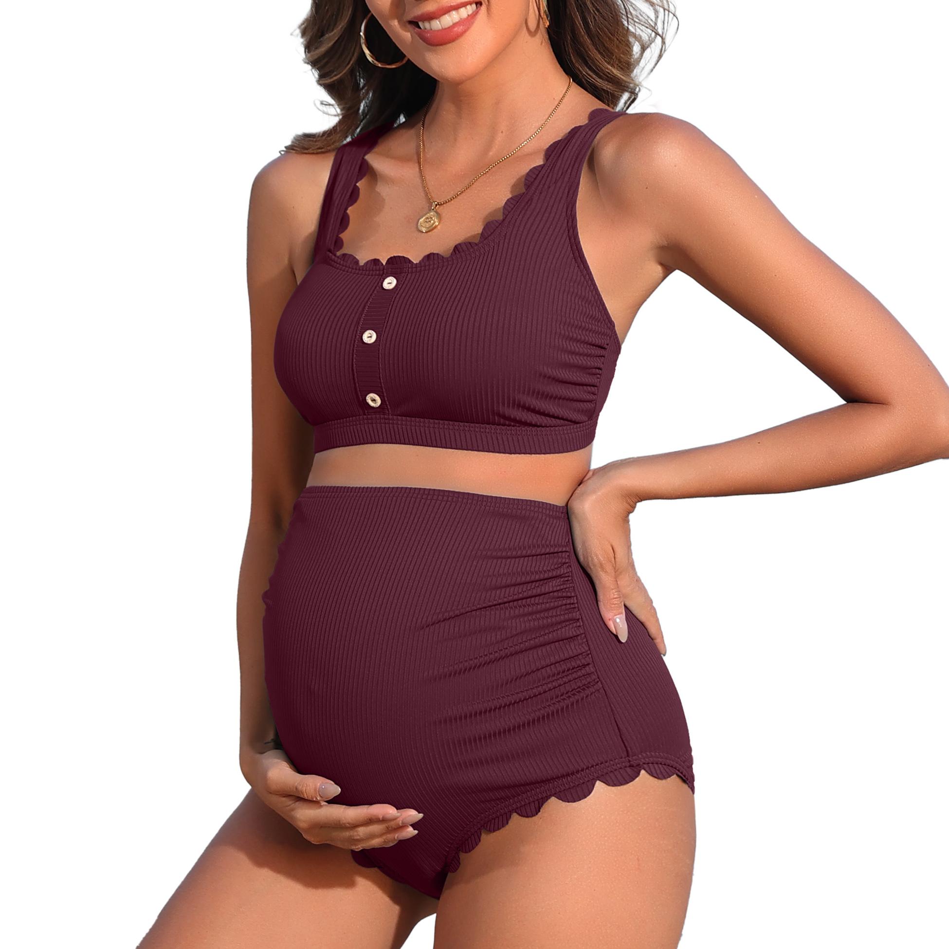 

Charmleaks Купальники для беременных с фестончатым вырезом, ребристые комплекты бикини с высокой талией, купальный костюм для беременных, рюшированный купальник из двух частей M