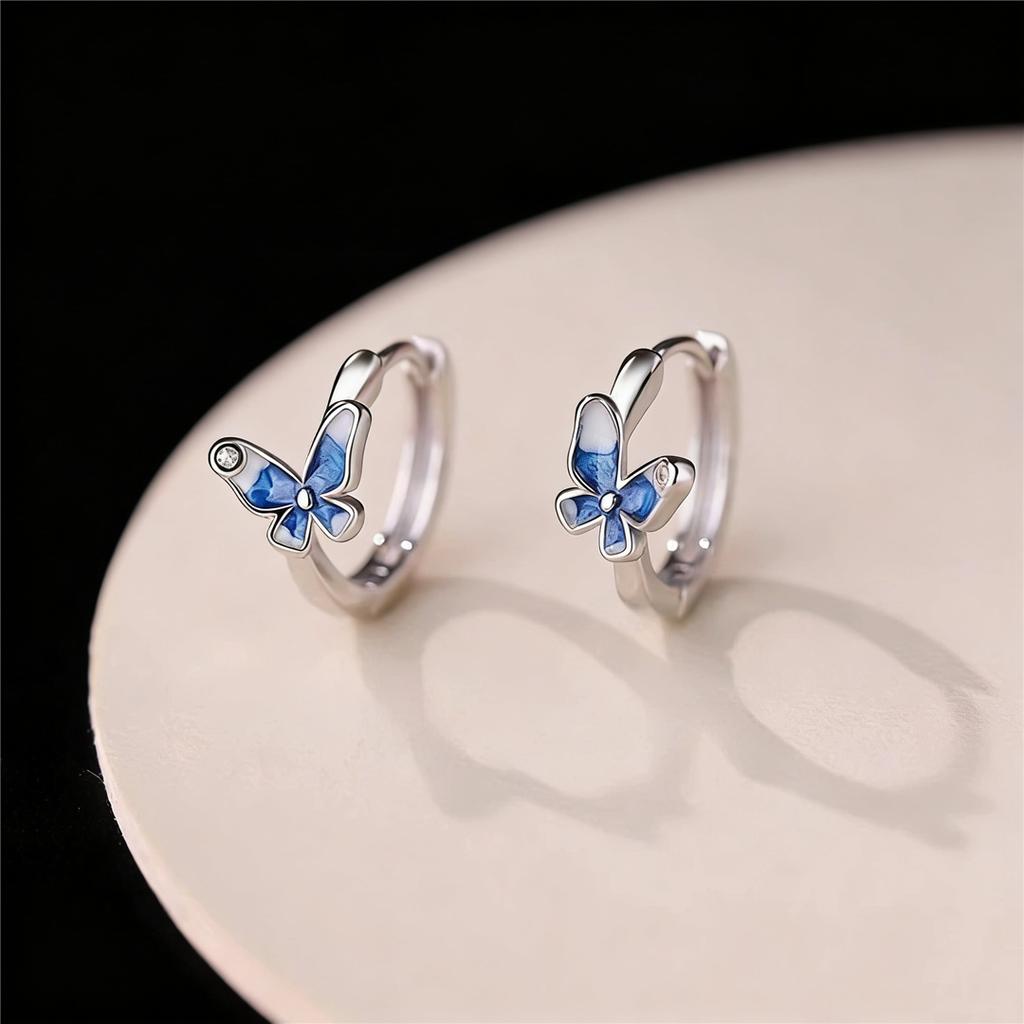 Crystal White Blue Enamel Butterfly Animal Hoop Earrings For Women Vintage Silver Color Wedding Jewelry