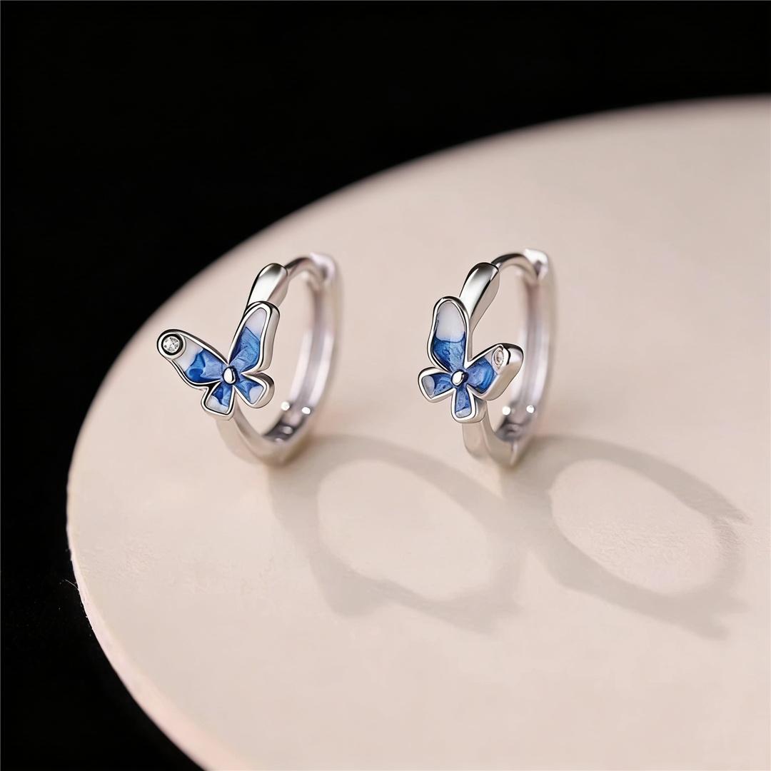 

Crystal White Blue Enamel Butterfly Animal Hoop Earrings For Women Vintage Silver Color Wedding Jewelry синий