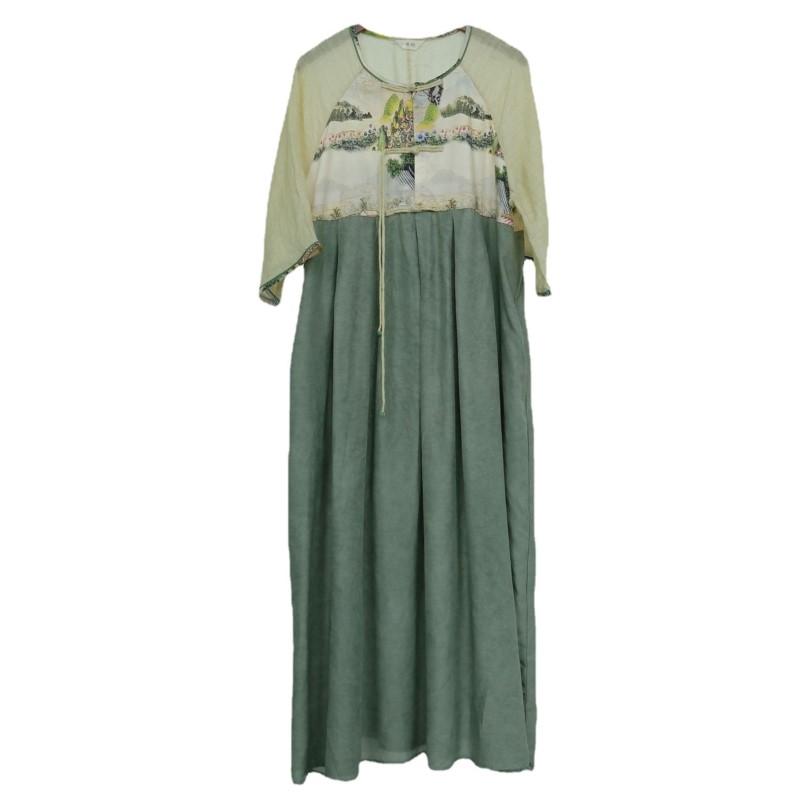 

Johnature женские платья в китайском стиле с круглым вырезом и половиной рукавов с высокой талией, летние лоскутные винтажные платья на пуговицах One Size зелёный