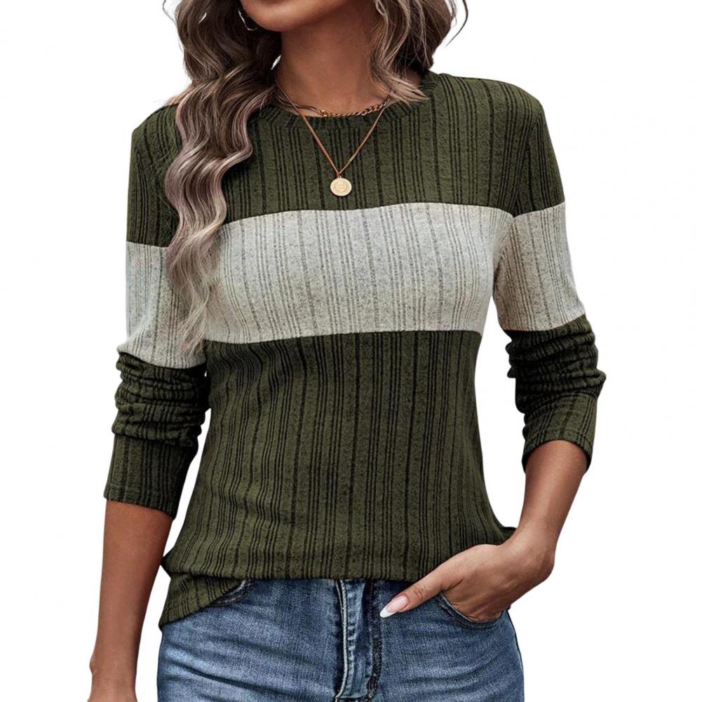 Women T-shirt Round Neck Long Sleeve T-Shirt Striped Contrast Color Slim Fit Pullover Tops Daily Wear