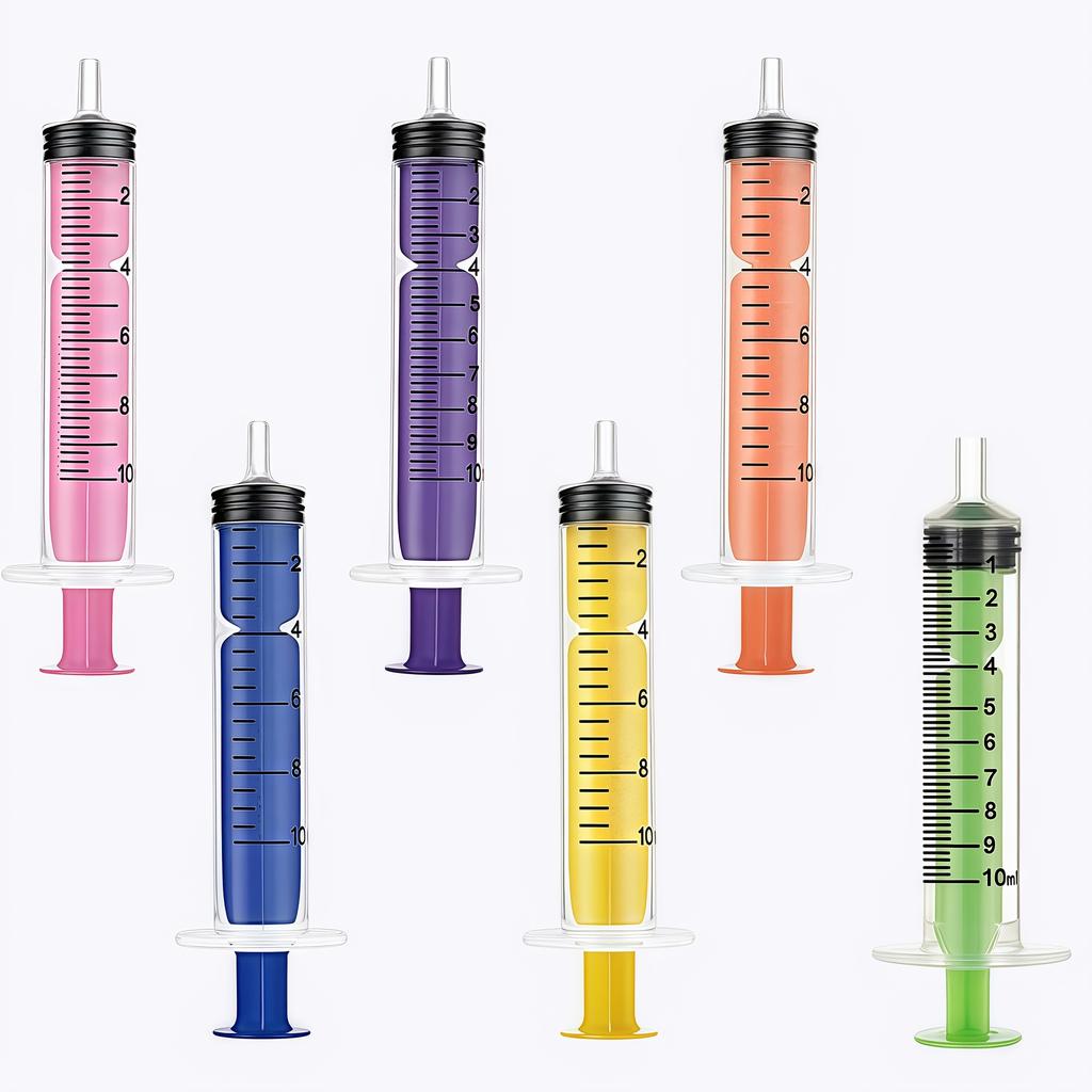 6 Pieces of 10ml Colored Syringe with Caps, Suitable for Glue, Liquid Distribution and Measurement, Pet Food Feeding, Refilling Ink Cartridges, Etc.