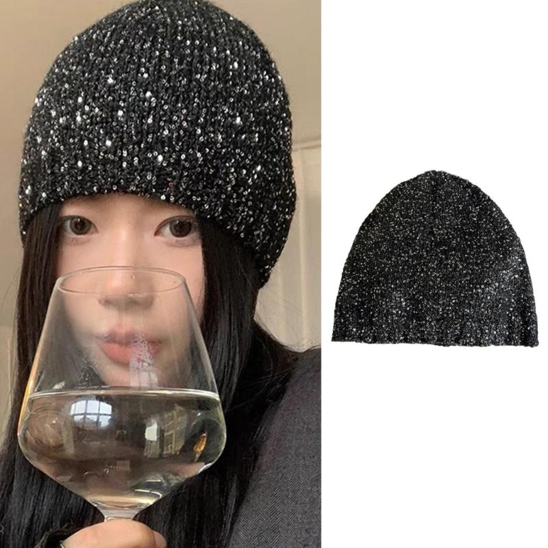 Cool Black Sequins Party Hat Breathable Skull Hat Party Bonnet Knit Hat