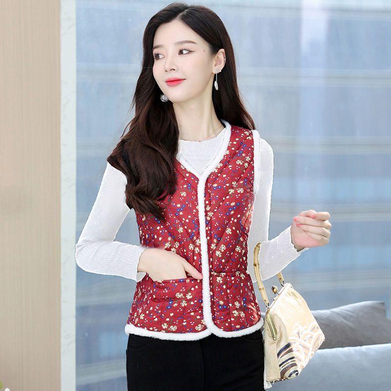 

Зимний универсальный хлопковый жилет с цветочным принтом для женщин, теплая одежда 4XL красный