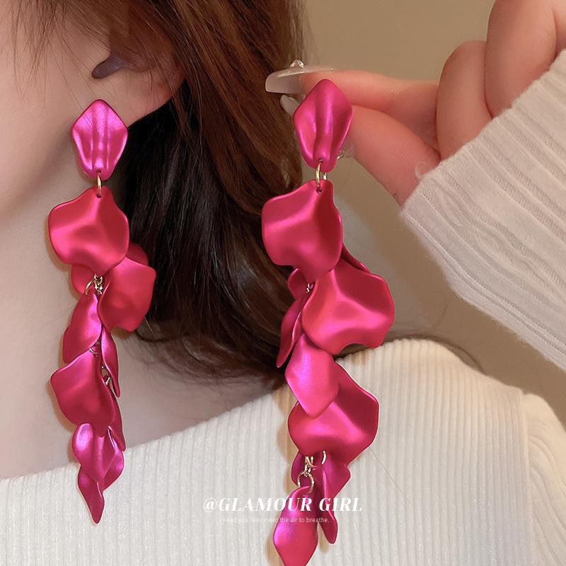 Silver Needle Rose Petal Long Tassel Earrings - European & American High-End Style