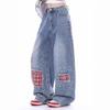 American retro plaid splicing scimitar jeans men's and women's new casual loose wide-leg drape pants