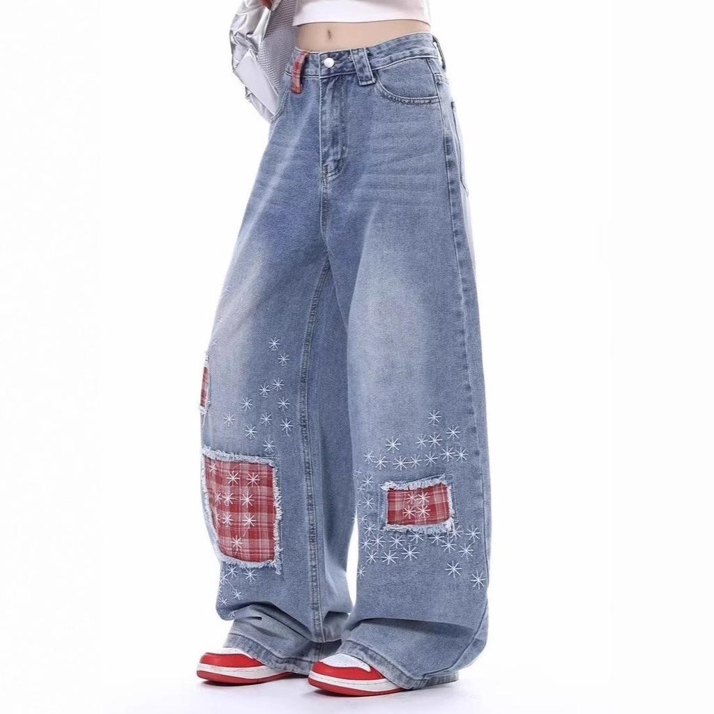 American retro plaid splicing scimitar jeans men's and women's new casual loose wide-leg drape pants
