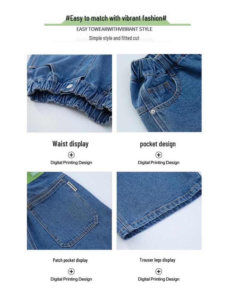 Girls' Summer Denim Mid-Length Fashionable Wide-Leg Shorts