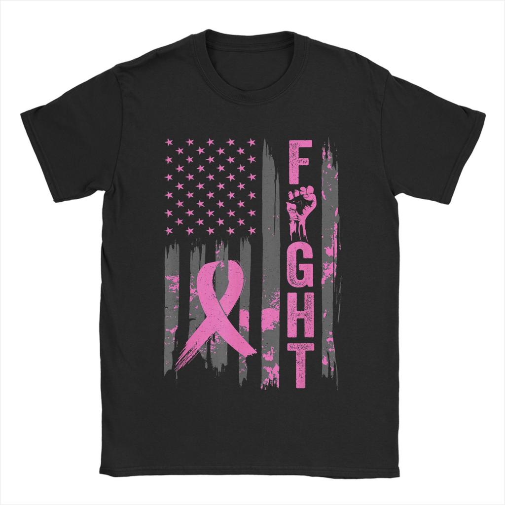 Fight USA Flag Breast Cancer Awareness Patriotic Pink Ribbon Men T Shirts Vintage Tees Short Sleeve Round Neck T-Shirt Clothes