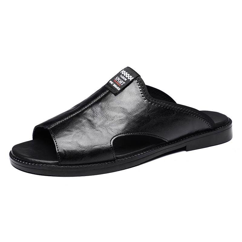 Men Black Leather Slippers Simple Flats Summer Brown Outdoor Roman Sandals Outdoor Wide Beach Shoes for Father Over Sized