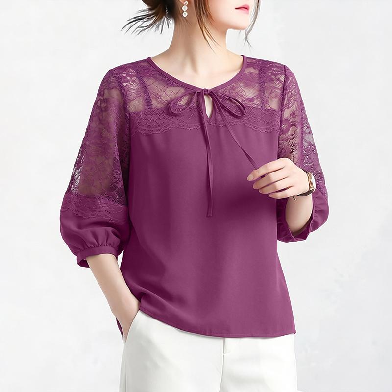 ZANZEA Blusa casual da donna con scollo rotondo, manica a metà, patchwork in pizzo traforato