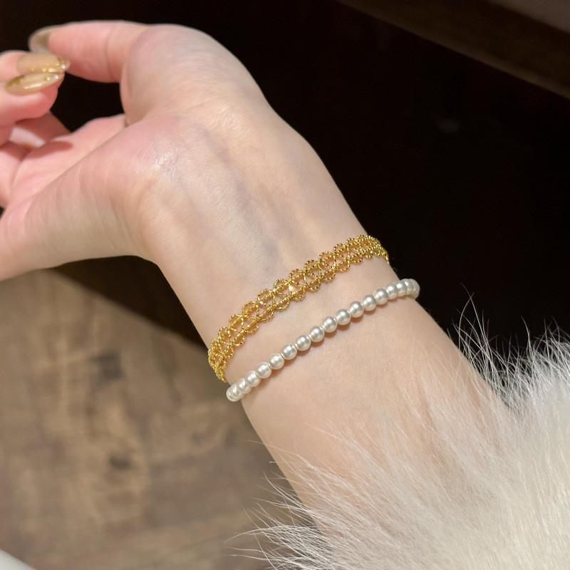 Handmade Delicate Lace Pull-Through Bracelet With Four-Leaf Clover Design Gold White Pearl Stackable Elegant Womens Jewelry