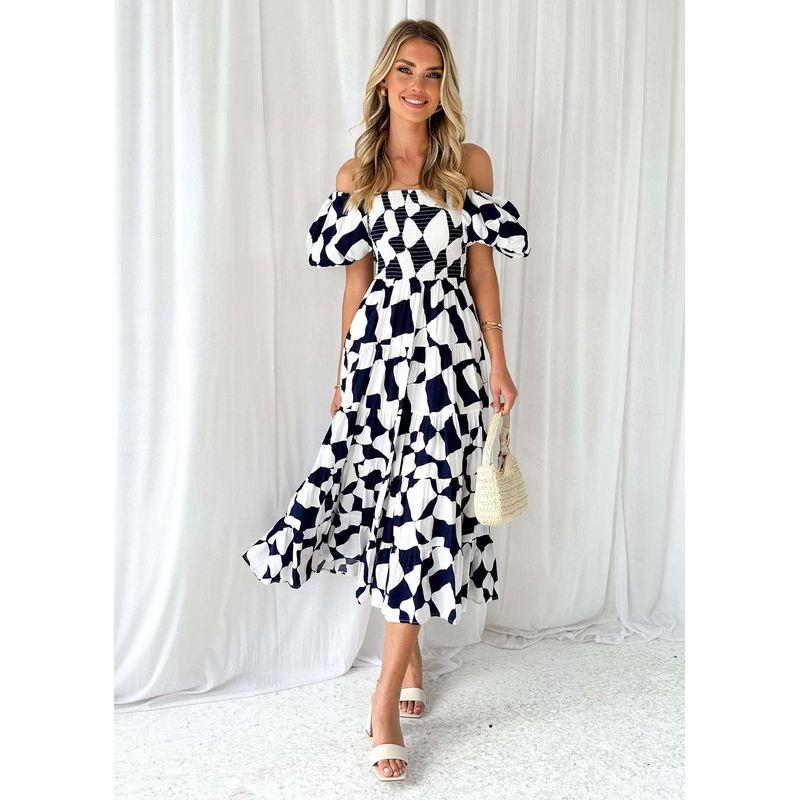 2025 Europe and America Cross Border Spring/Summer New Arrival off-Neck Print Puff Sleeves Silm Mid-Length Tulle Tutu Dress Dress