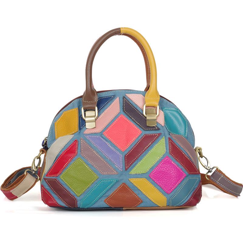 

Leather Women S Bag Casual Denim Colored Cowhide Colored Handmade Contrasting Color Shoulder Handheld Women S Bag