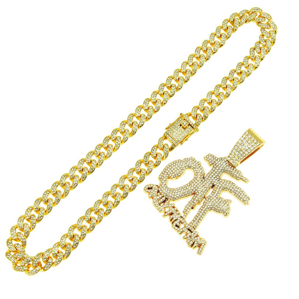 Creative Splicing Full Diamond Letter Pendant Cuban Necklace, European and American Hip-hop Hipster Hip-hop Dress Up Long Men's Necklace