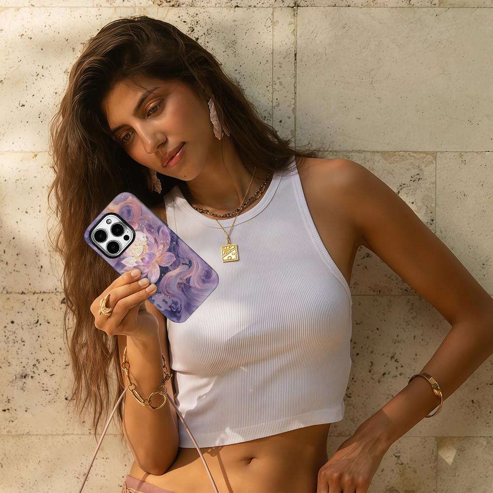 Mystical Purple Lotus Phone Case for IPhone 17AIR 16E 16 15 14 13 12 11 17 Pro Max Plus Double-layer Back Cover