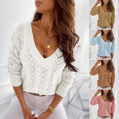 Women's  And Winter Fashion Solid Color Hollow V-Neck Long Sleeve Knit Sweater