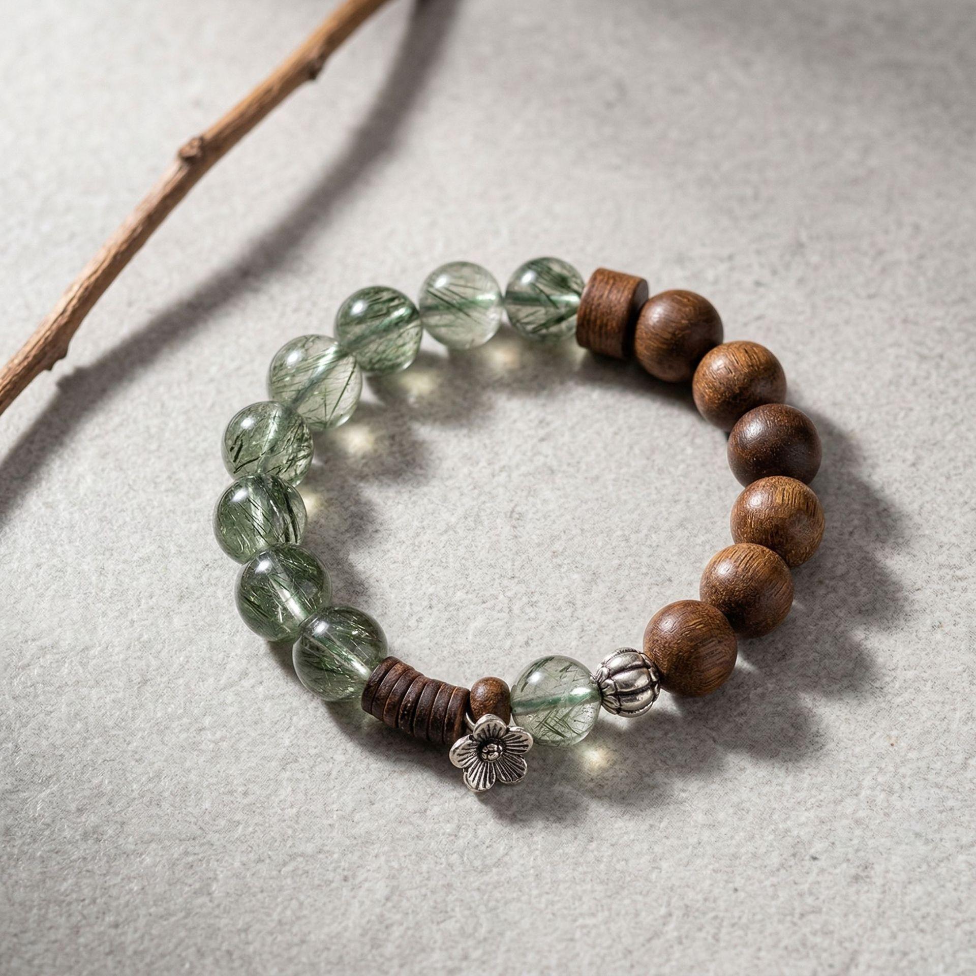 

Greenery Revives: New Chinese Style Natural Green Rutilated Quartz and Agarwood Small Flower Bracelet for Women, Zen-Inspired Design Jewelry 【The return of greenery