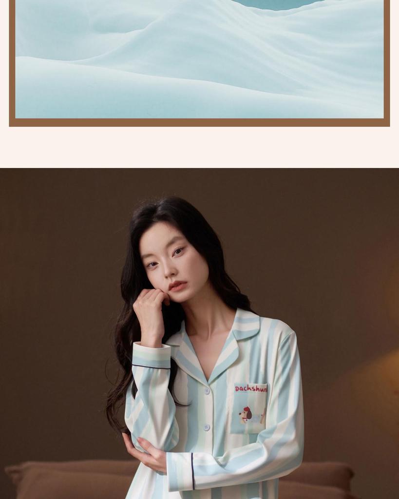 Ice Silk Cool Women’s Long Sleeve Pajama Set with Cute Stripes for Spring and Autumn