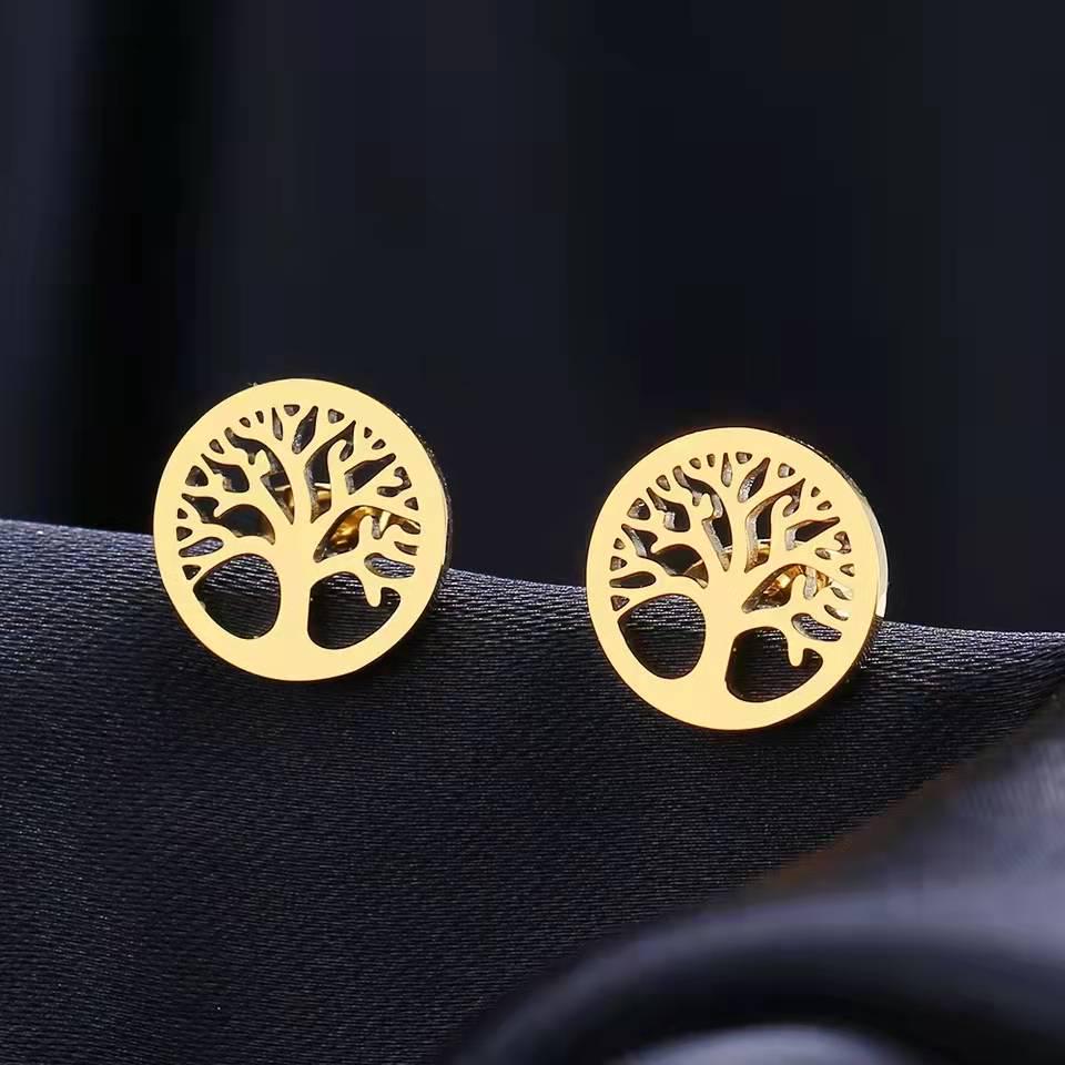Women's Titanium Steel Tree of Life Dangle Earrings - 18K Gold, European & American Fashion Jewelry.