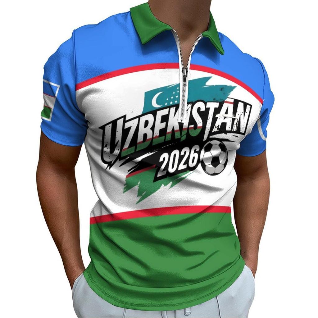 Men’s Casual Loose Fit Polo Shirt with Letter Print and Soccer Graphic Short Sleeve Top Zipper Collar Comfortable Design