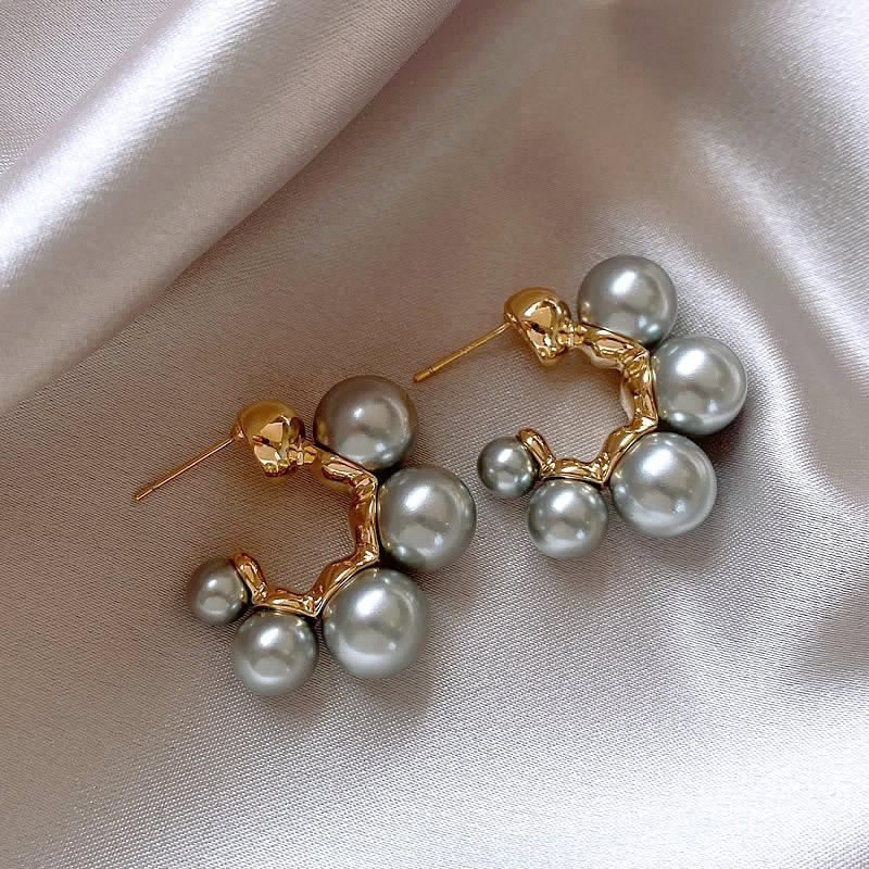 Silver Needle Geometric Pearl Ring Earrings French Premium Temperament Stud Earrings New Versatile Light Luxury Earrings Women