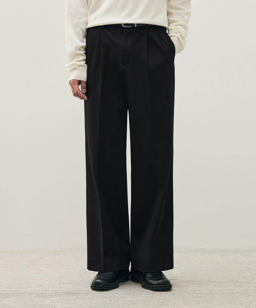 Drawfit Double-Pleated Elastic Wide Slacks [Black]