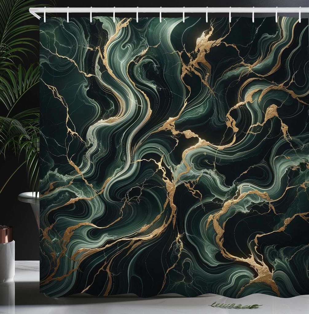 Sage Green Shower Curtain, Hexagon Honeycomb Pattern with Abstract Trippy Ornaments Jade Tones, Cloth Fabric Bathroom Decor Set