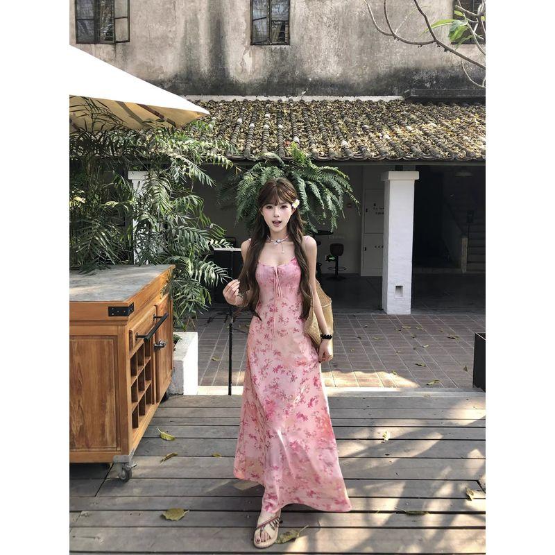 Kumikumi Holiday Style Pink Floral Sling Dress Women Summer Age-Reducing Chic Slim Fit Slimming Long Skirt