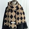 Korean Style Khaki Hollow Diamond Plaid Scarf for Women Winter Literary Retro Knitted Wool Warm Student Scarf