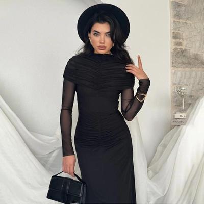 2025 European Style Elegant Mesh Slimming Women's Long Bodycon Dress